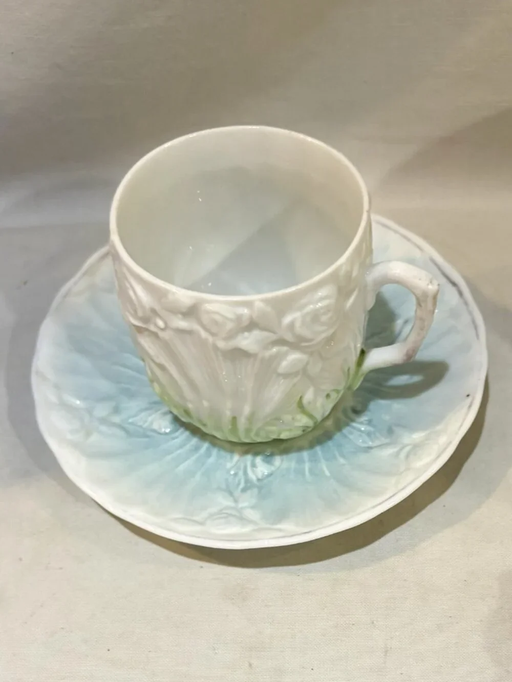 Antique Porcelain Teacup and Saucer Set Embossed Floral Aqua Blue Mint Green